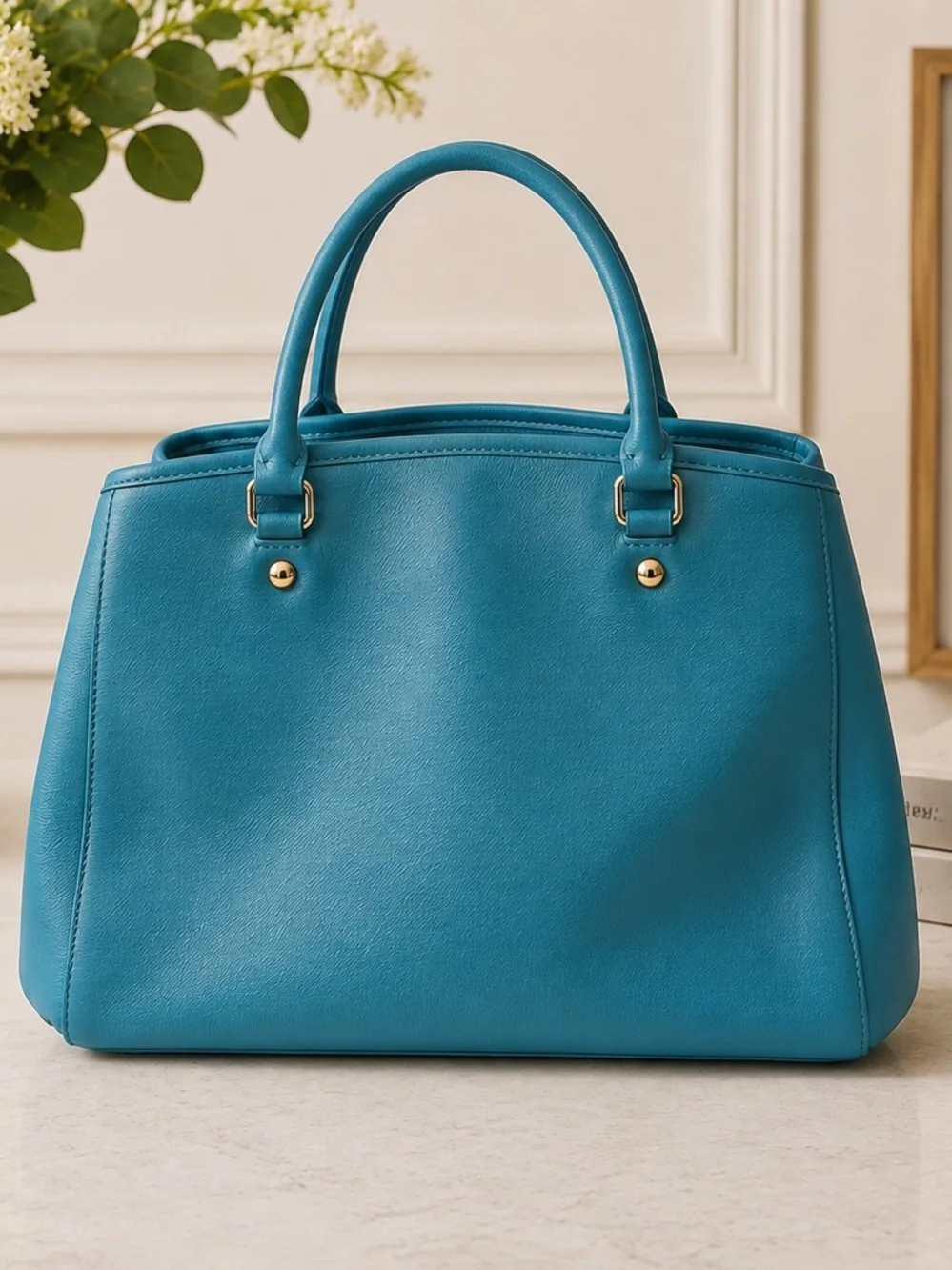 Coach Turquoise Blue Pebbled Leather Tote Satchel Gold Hardware Shoulder Bag